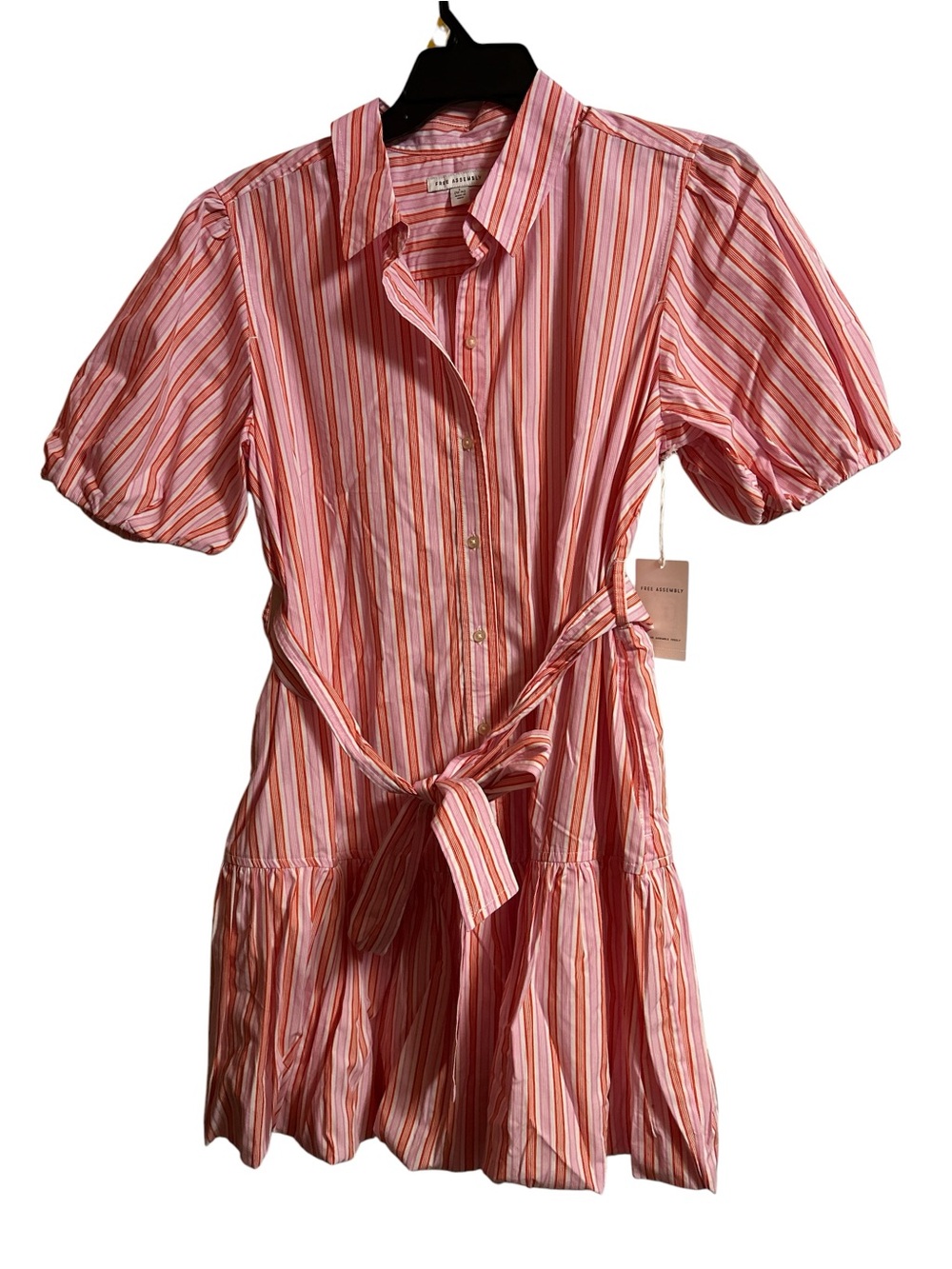 Striped Pink Tie-Waist Shirt Dress L12-14